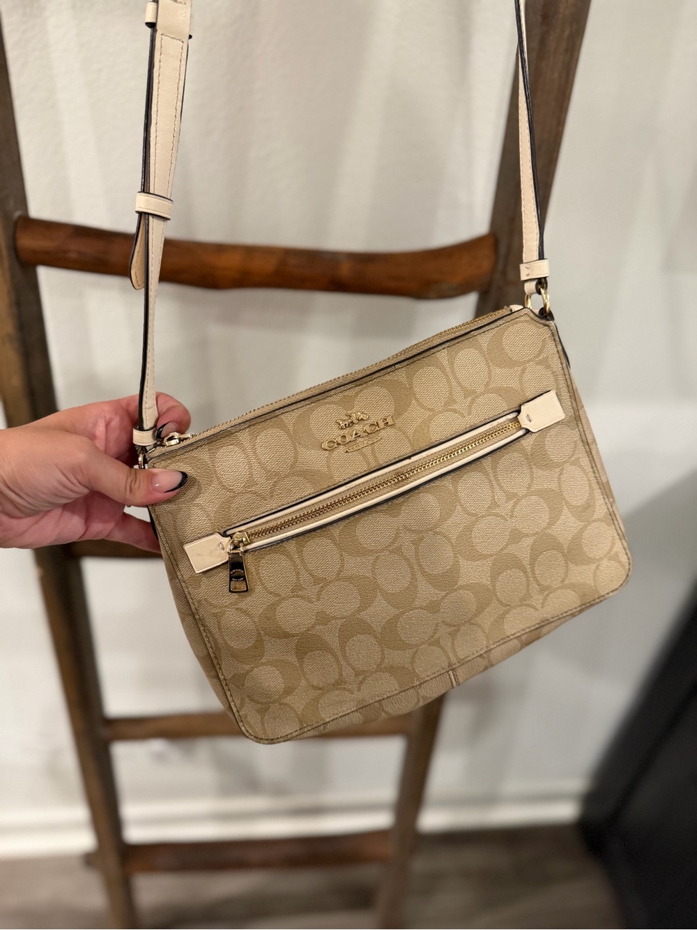Coach Beige Signature Canvas Crossbody with Gold Hardware